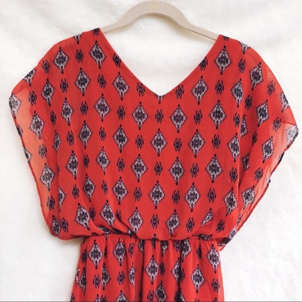 Aina Be Vibrant Red Patterned Flutter Sleeve V-Ne… - image 3